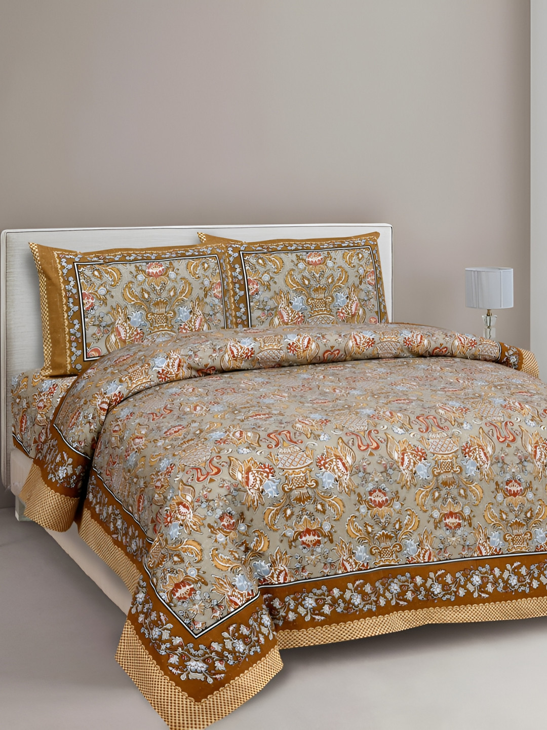 

Urban Jaipur Brown & Grey Floral Cotton 186 TC Super Queen Bedsheet with 2 Pillow Covers