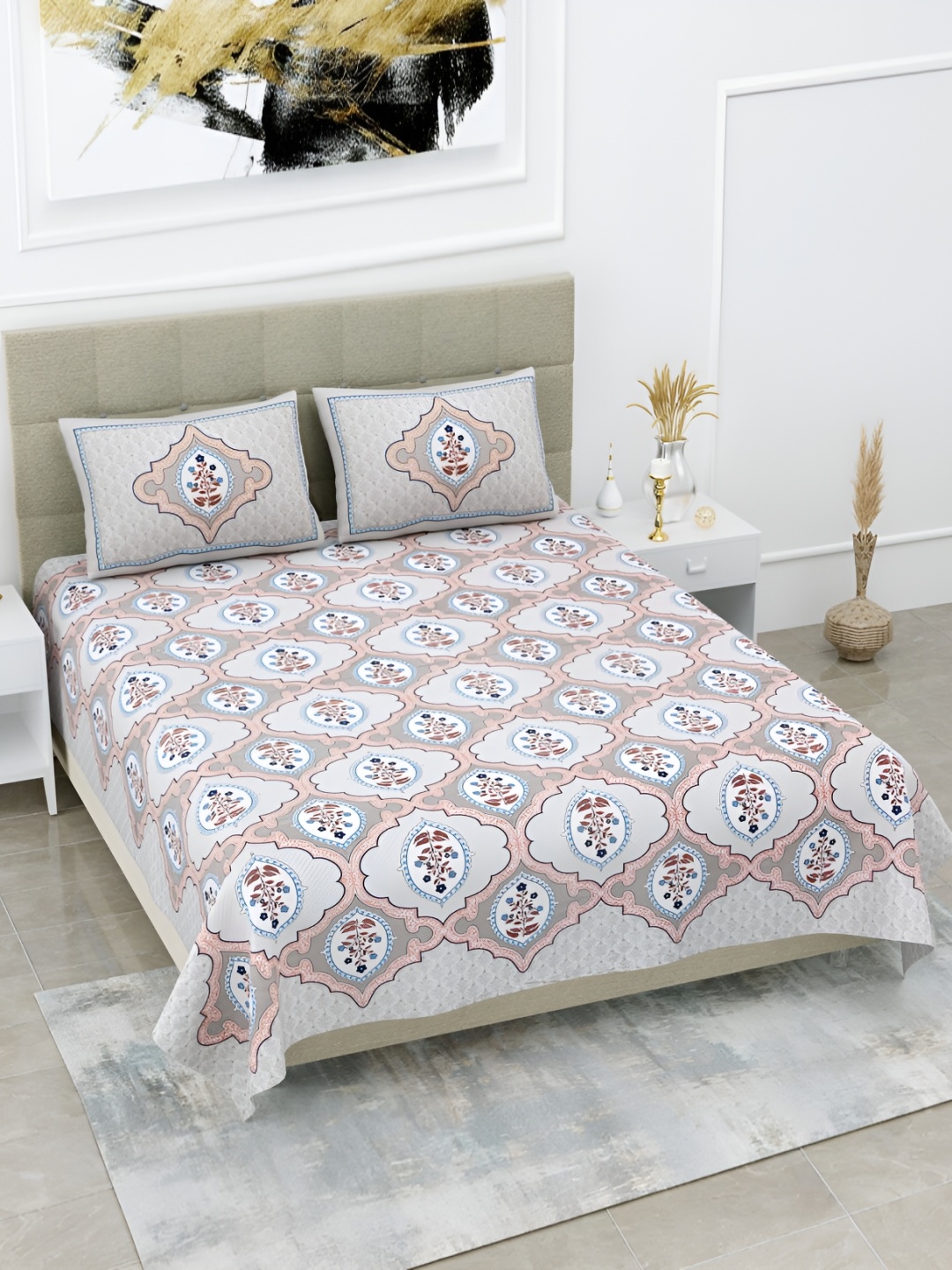 

Urban Jaipur Grey & Cream Ethnic Motifs Cotton 186 TC King Bedsheet with 2 Pillow Covers