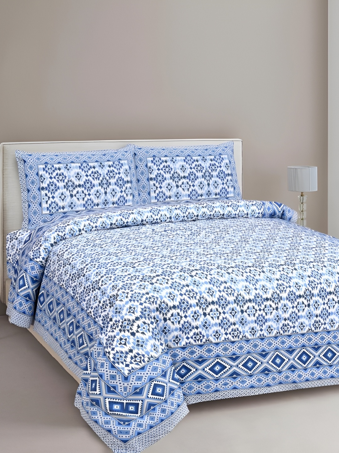 

Urban Jaipur Blue & Navy Blue Geometric Cotton 186 TC Queen Bedsheet with 2 Pillow Covers