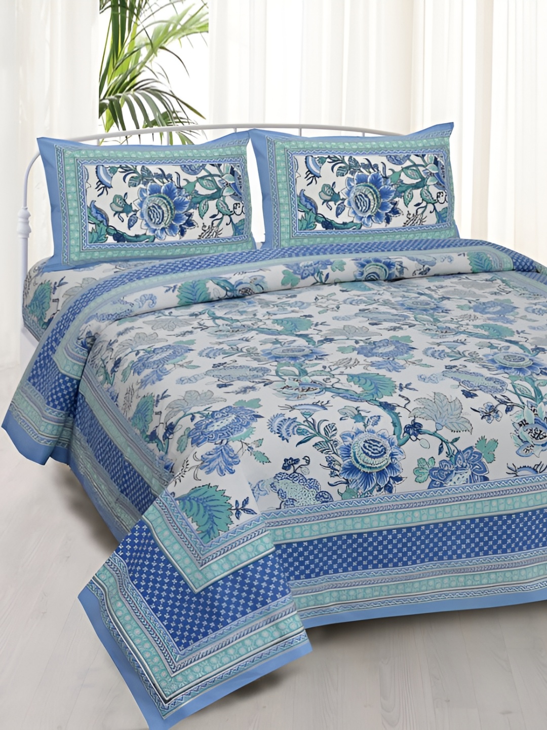 

Urban Jaipur Blue & Green Floral Cotton 186 TC Queen Bedsheet with 2 Pillow Covers