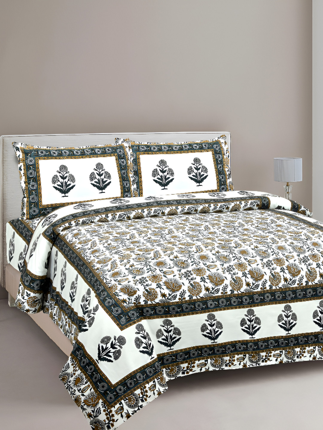 

Urban Jaipur White & Green Floral Cotton 186 TC Queen Bedsheet with 2 Pillow Covers