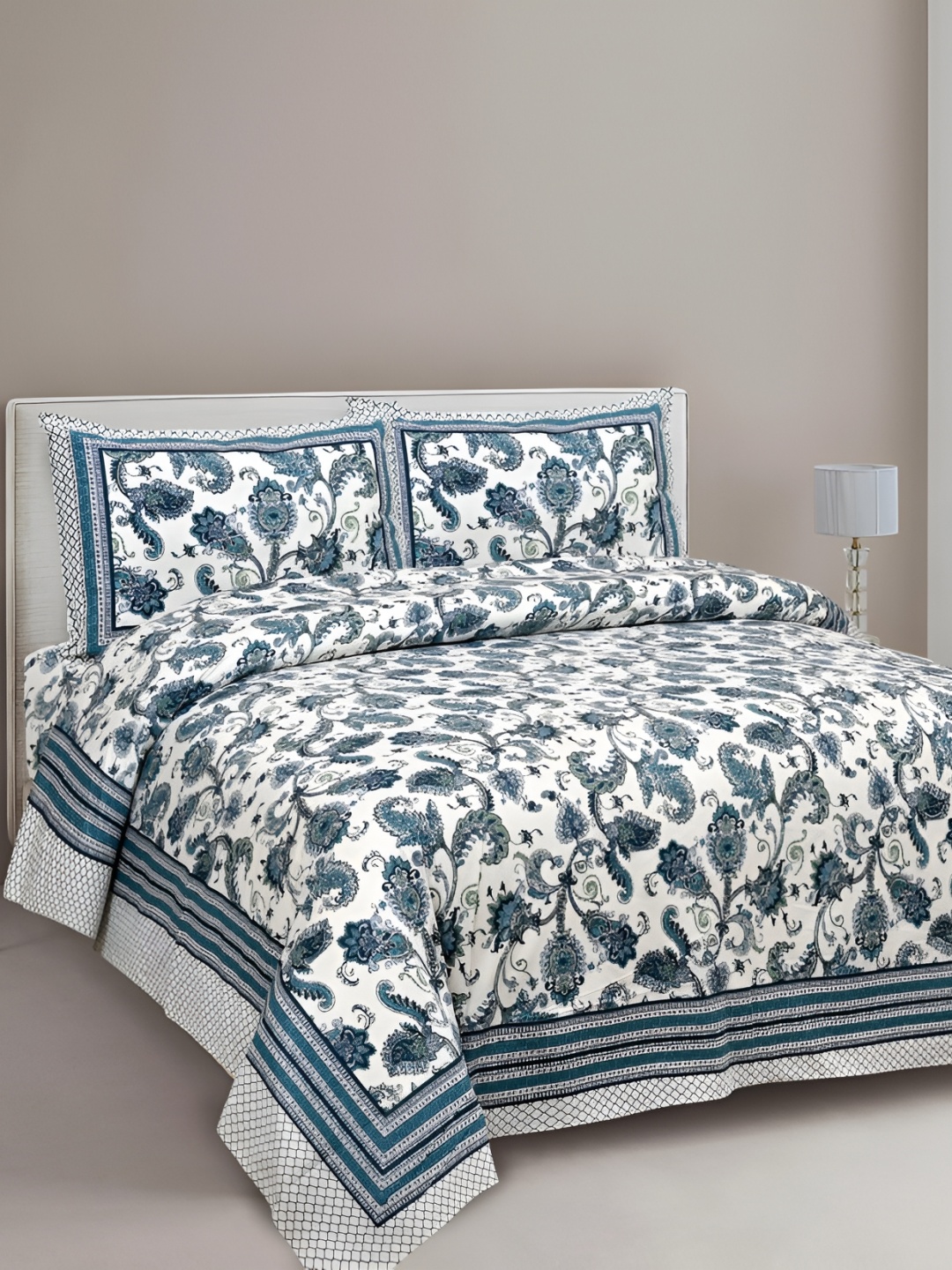 

Urban Jaipur Blue & Grey Floral Cotton 186 TC Queen Bedsheet with 2 Pillow Covers