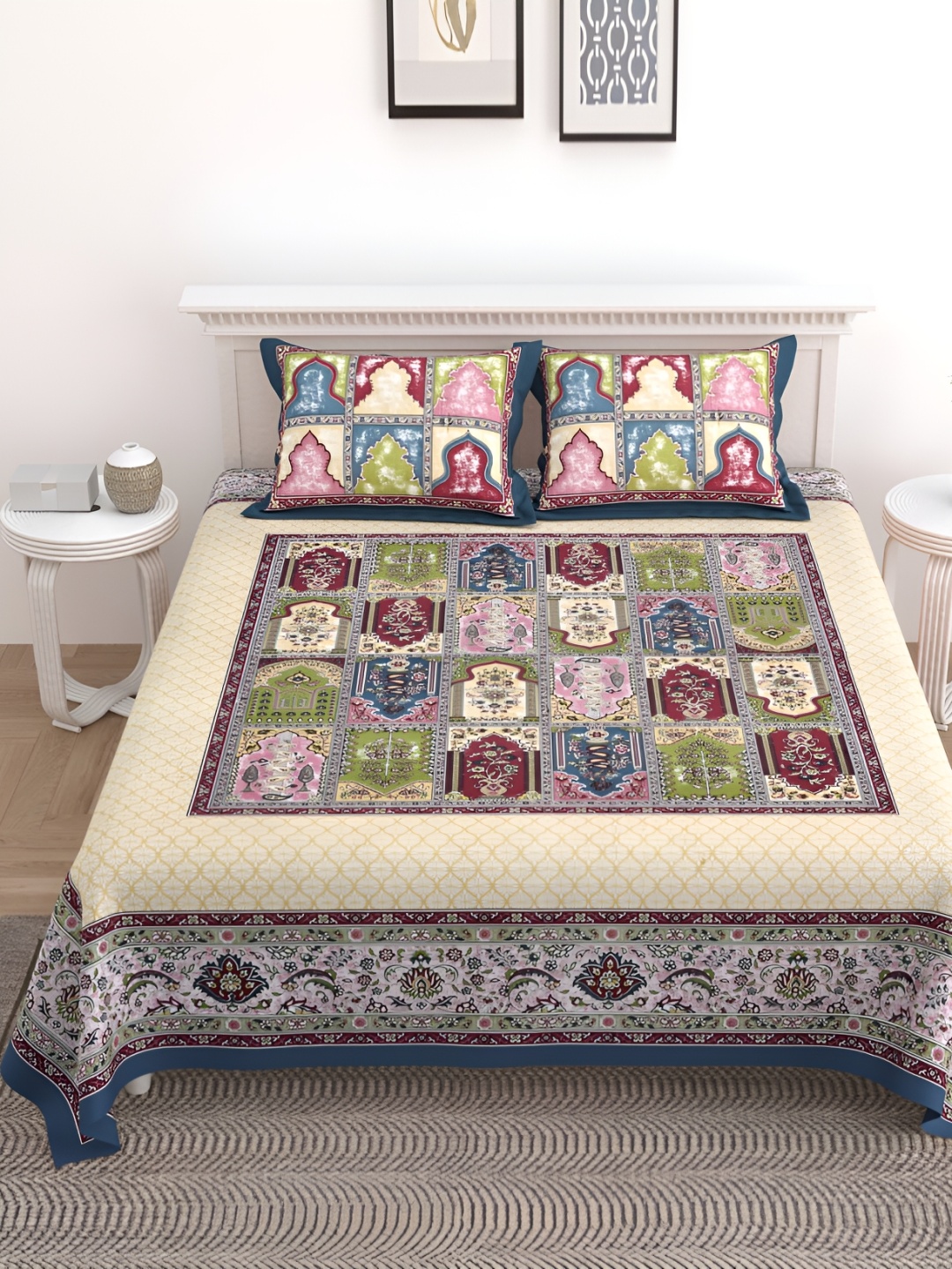 

Urban Jaipur Beige & Red Ethnic Motifs Cotton 186 TC King Bedsheet with 2 Pillow Covers
