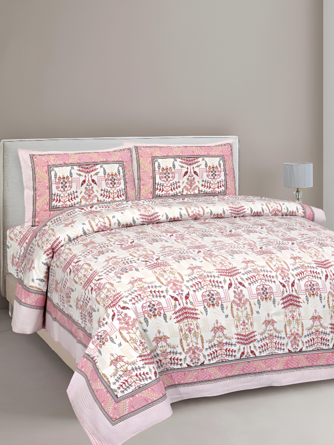 

Urban Jaipur Pink & Off White Floral Cotton 186 TC Queen Bedsheet with 2 Pillow Covers