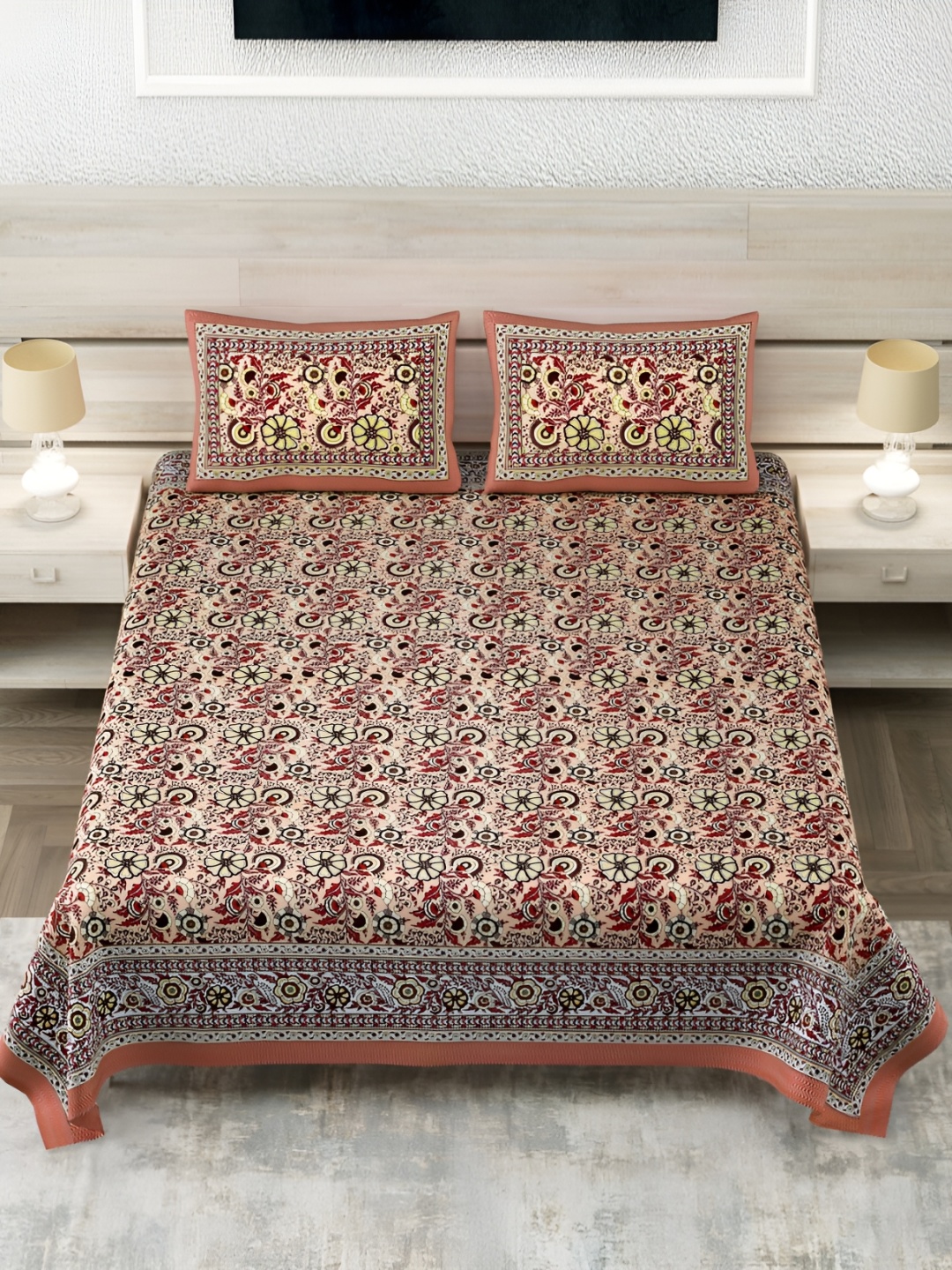 

Urban Jaipur Beige Maroon Floral Cotton 186 TC King Bedsheet With 2 Pillow Covers