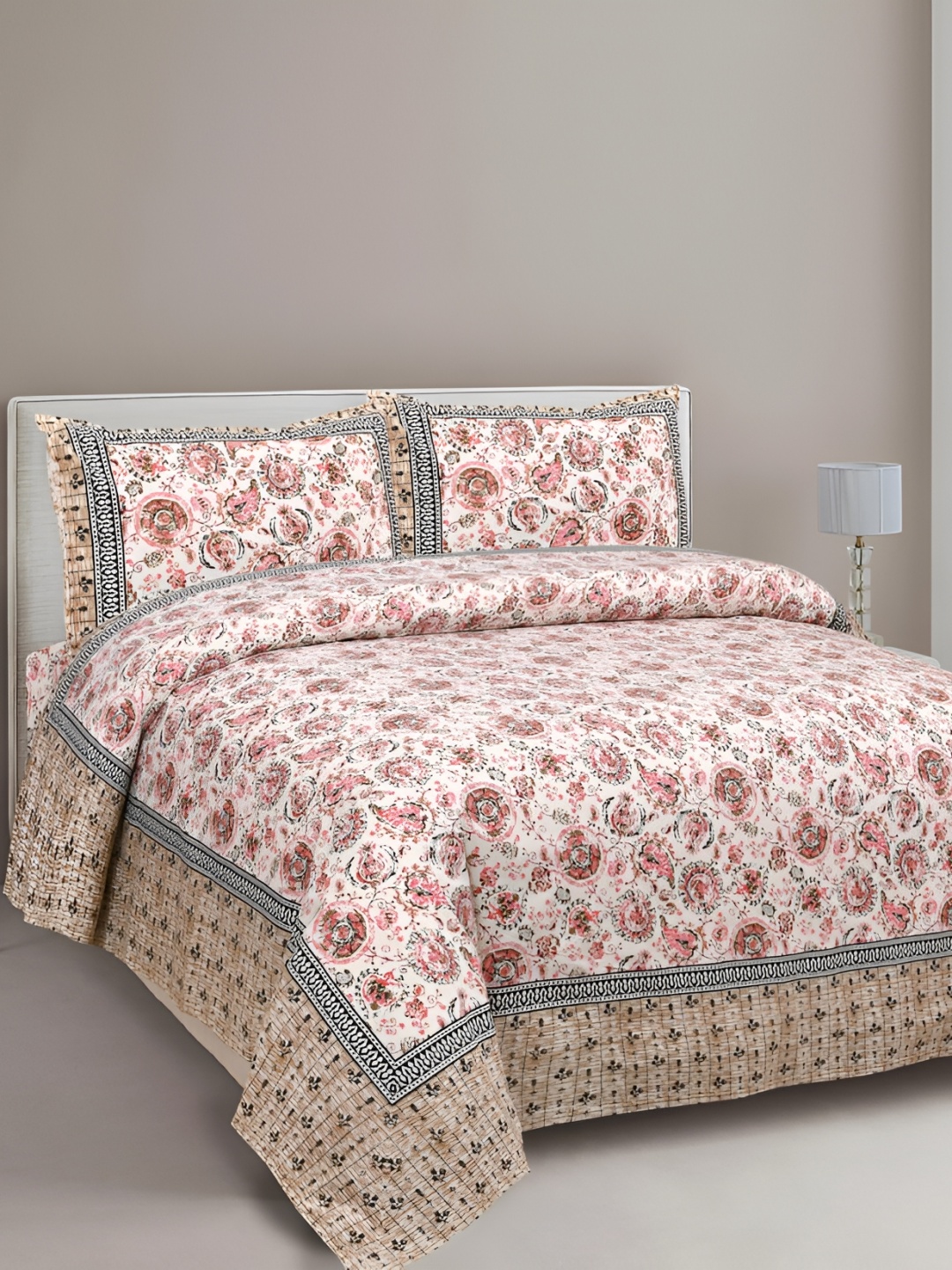 

Urban Jaipur Peach Pink Floral Cotton 186 TC King Bedsheet With 2 Pillow Covers