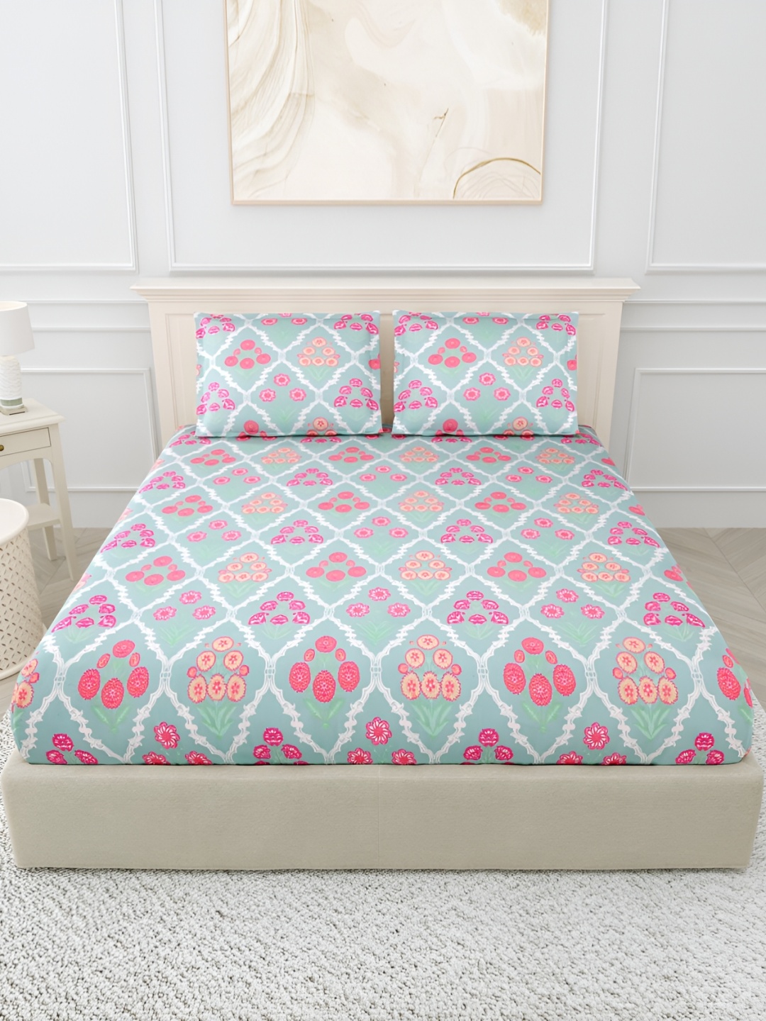 

Urban Jaipur Blue Pink Floral 144 TC King Bedsheet With 2 Pillow Covers