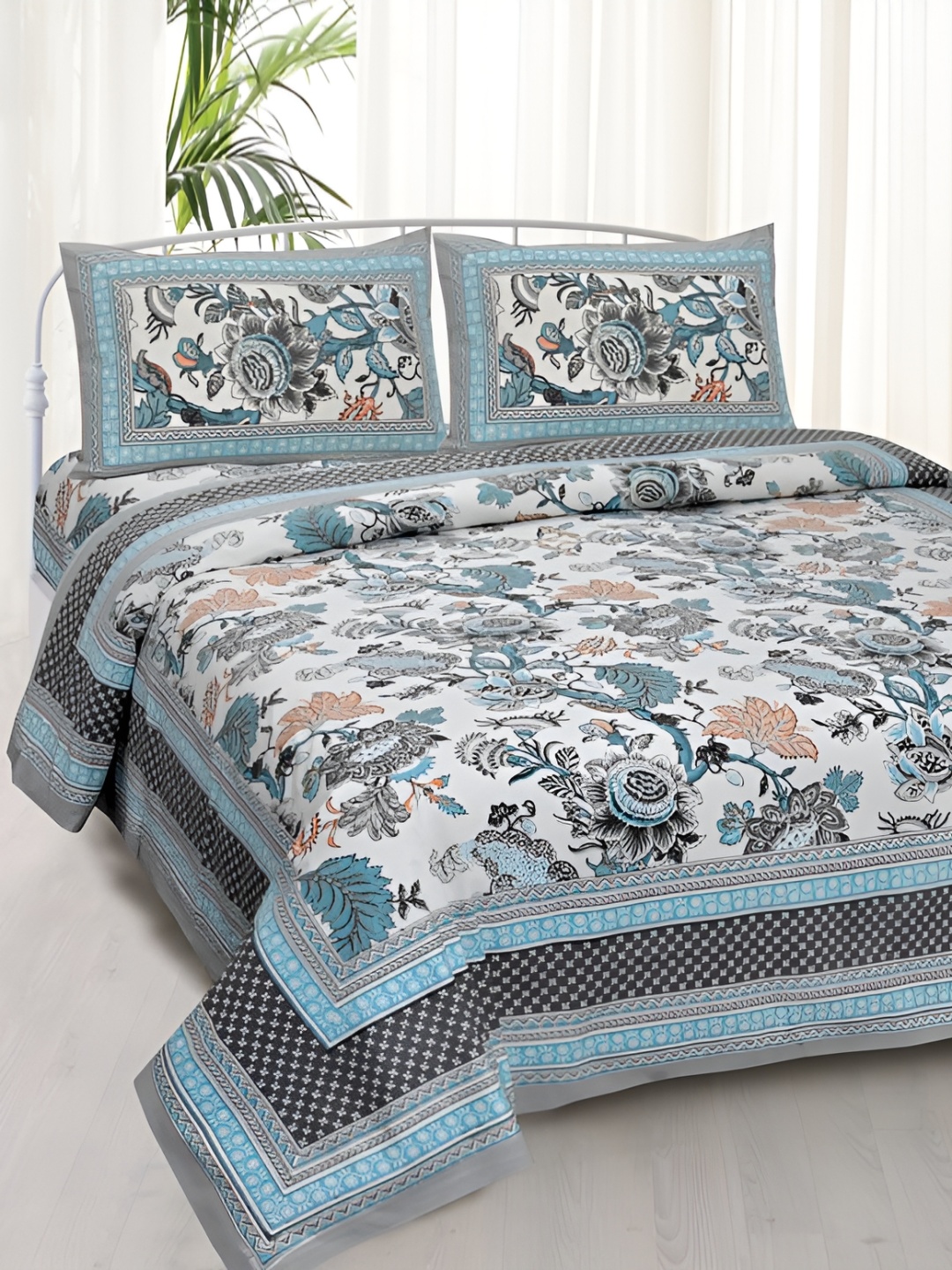 

Urban Jaipur Blue Grey Floral Cotton 186 TC King Bedsheet With 2 Pillow Covers