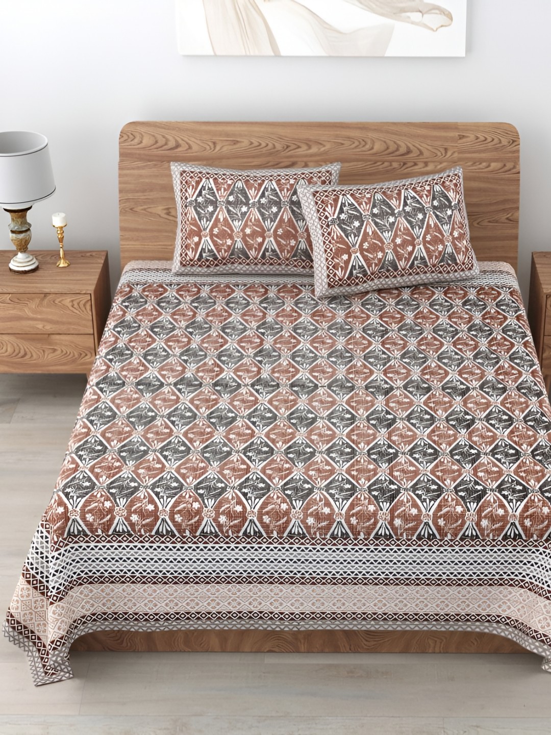 

Urban Jaipur Brown Grey Cotton 210 TC King Bedsheet With 2 Pillow Covers