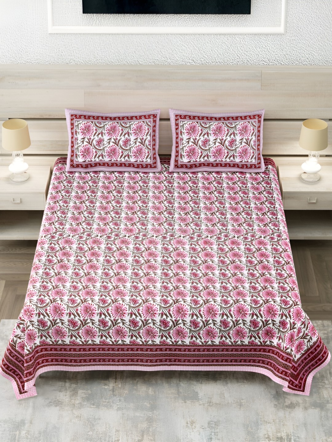 

Urban Jaipur Pink Green Floral Cotton 210 TC King Bedsheet With 2 Pillow Covers