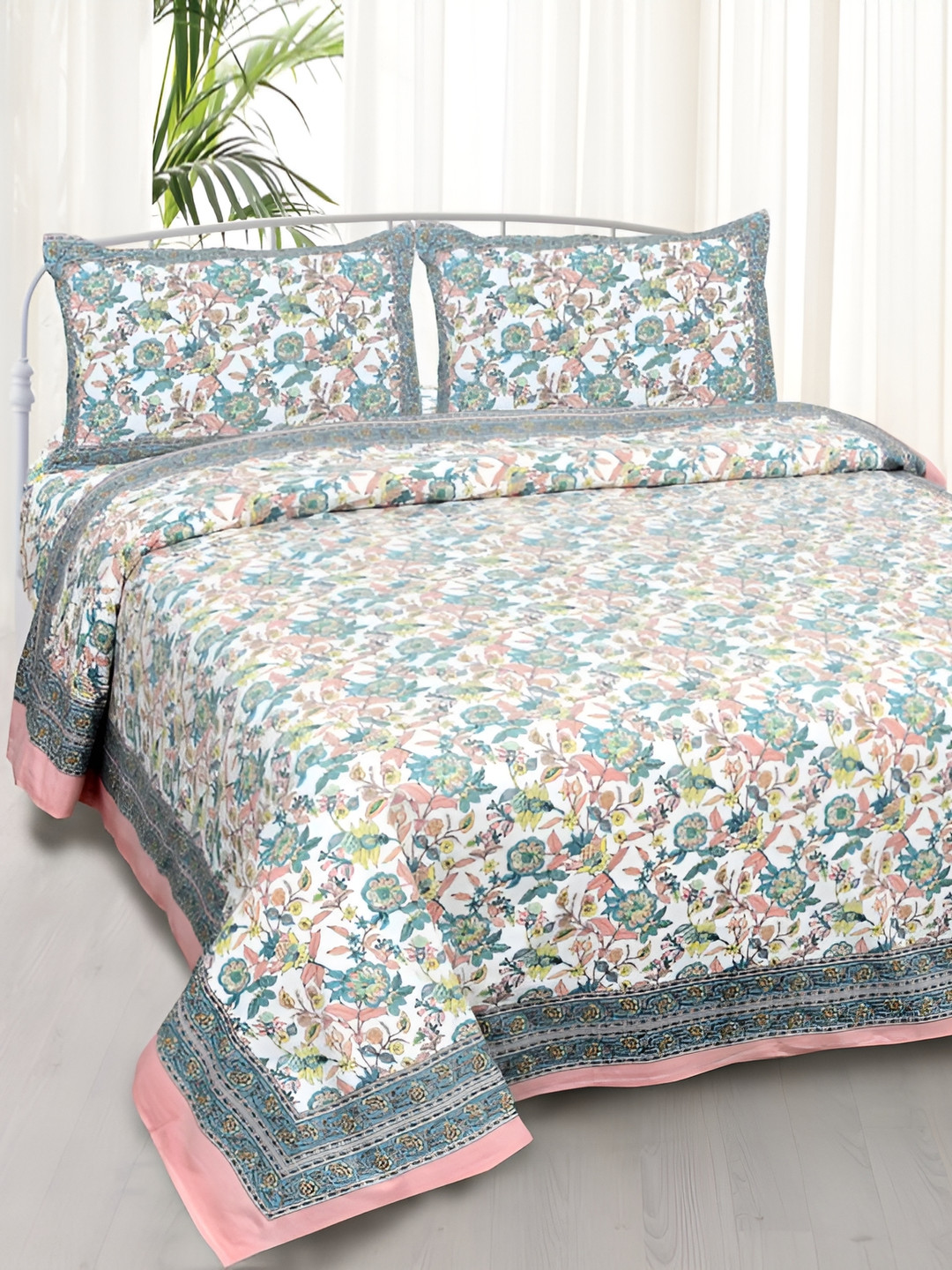 

Urban Jaipur Blue White Floral Cotton 186 TC King Bedsheet With 2 Pillow Covers