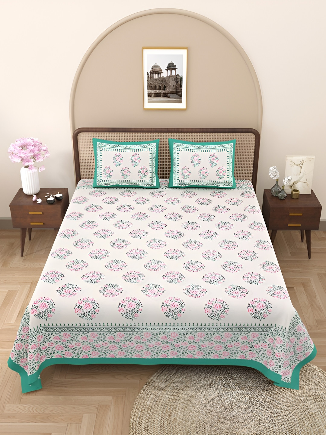 

Urban Jaipur Beige Green Floral Cotton 186 TC King Bedsheet With 2 Pillow Covers