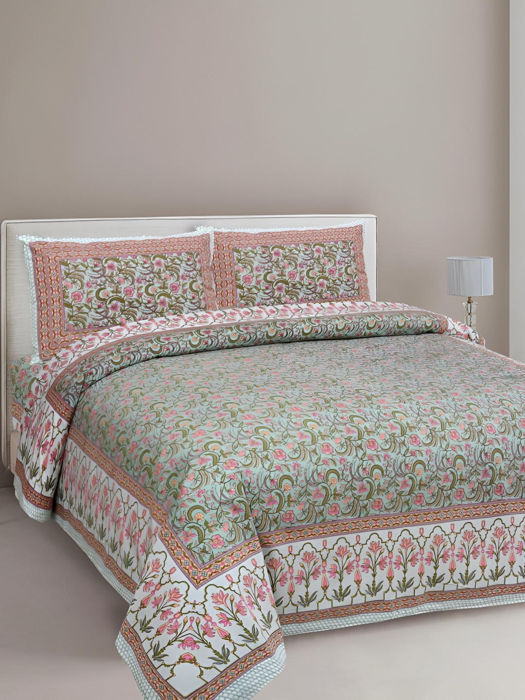 

Urban Jaipur Green Pink Floral Cotton 186 TC King Bedsheet With 2 Pillow Covers