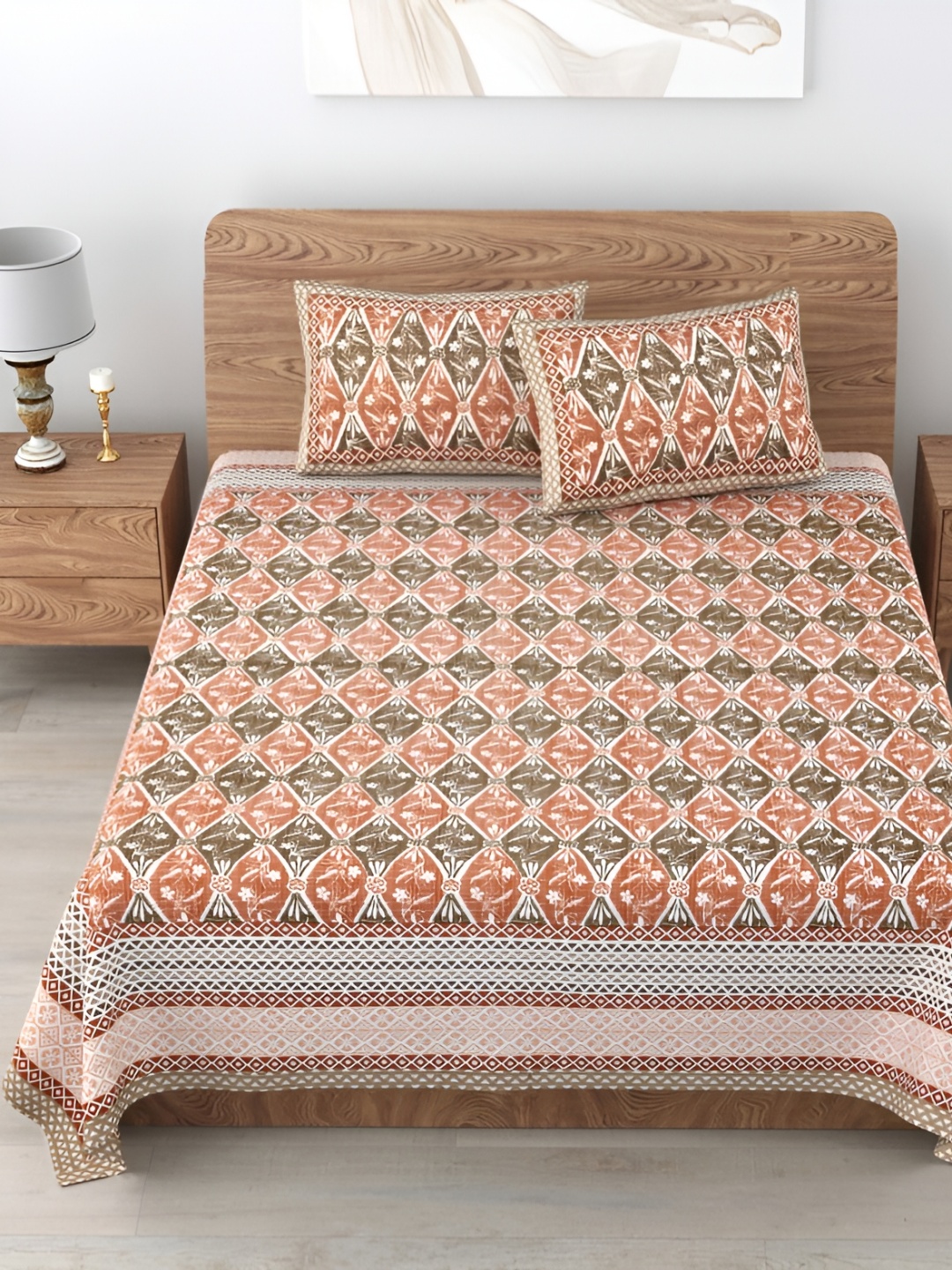 

Urban Jaipur Orange Green Floral Cotton 210 TC King Bedsheet With 2 Pillow Covers