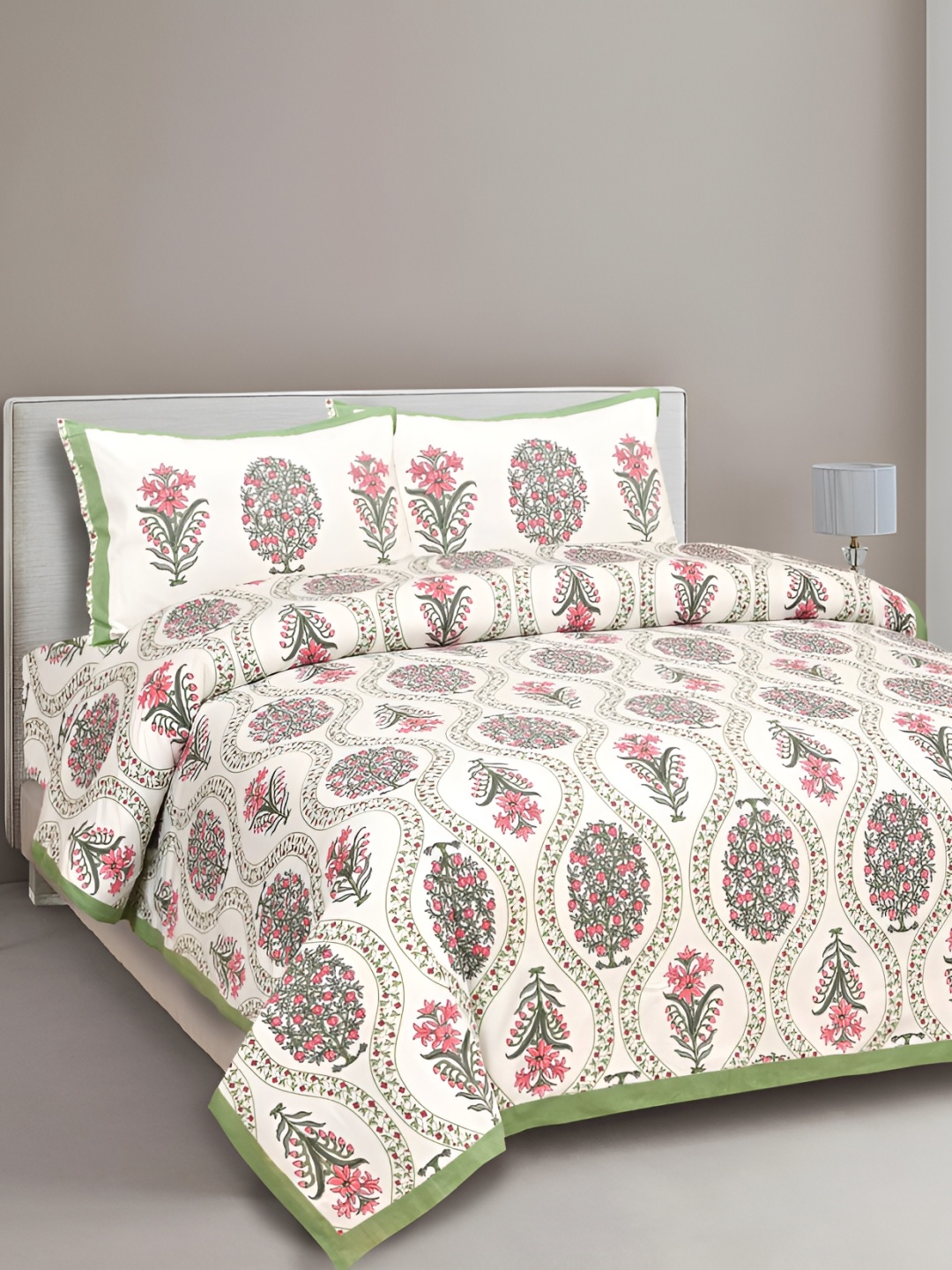 

Urban Jaipur Cream Green Floral Cotton 186 TC King Bedsheet With 2 Pillow Covers