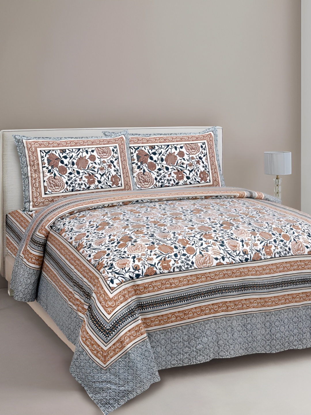 

Urban Jaipur Grey Brown Floral Cotton 186 TC King Bedsheet With 2 Pillow Covers