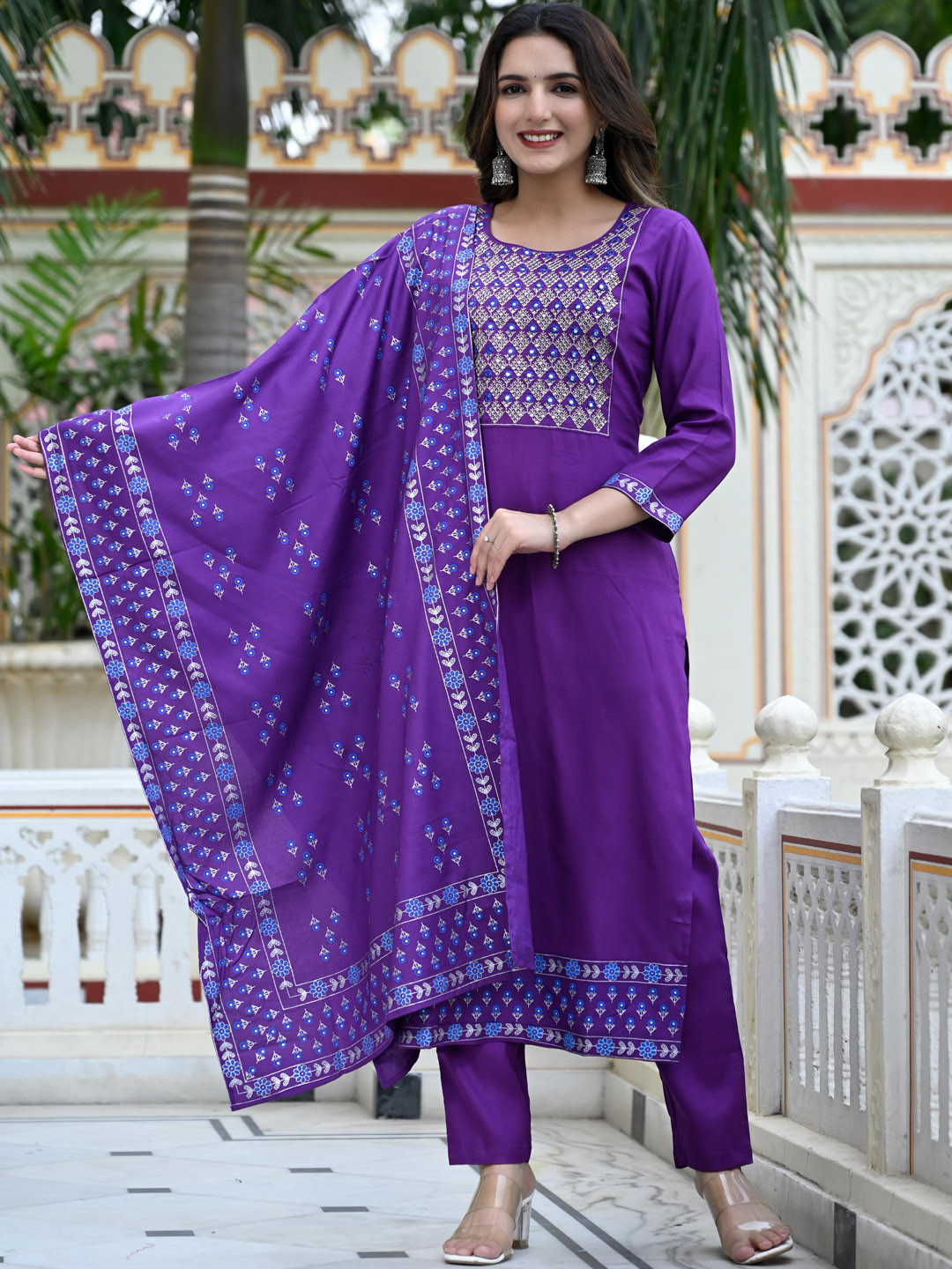 

KALINI Ethnic Motifs Embroidered Regular Thread Work Kurta With Trousers & Dupatta, Purple