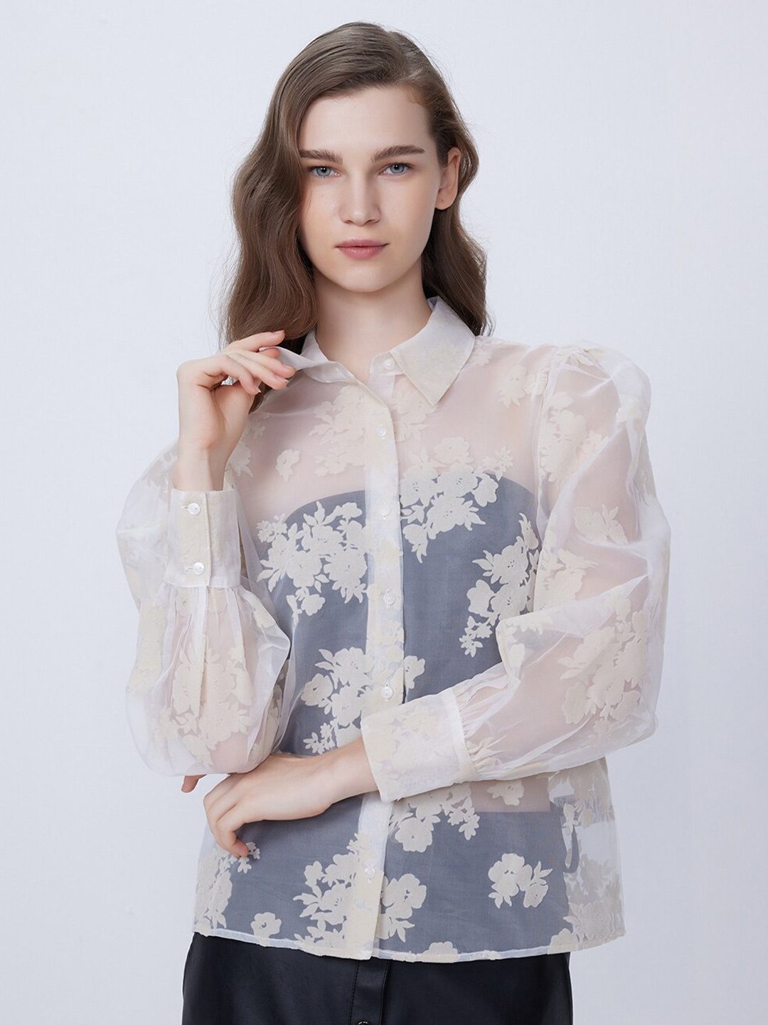 

COVER STORY White Self Design Organza Casual Shirt