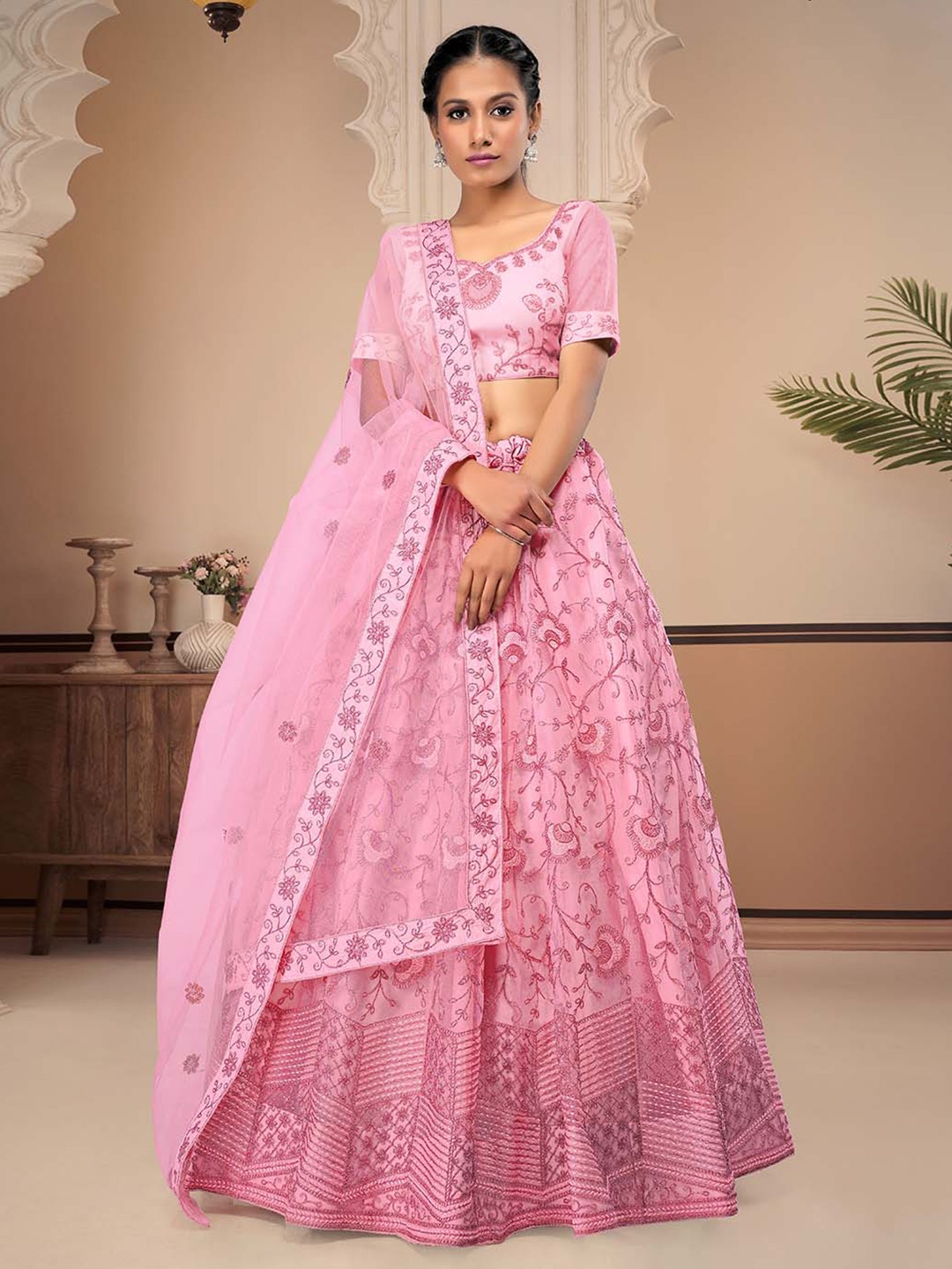 

HALFSAREE STUDIO Embroidered Semi-Stitched Lehenga Choli With Dupatta, Peach