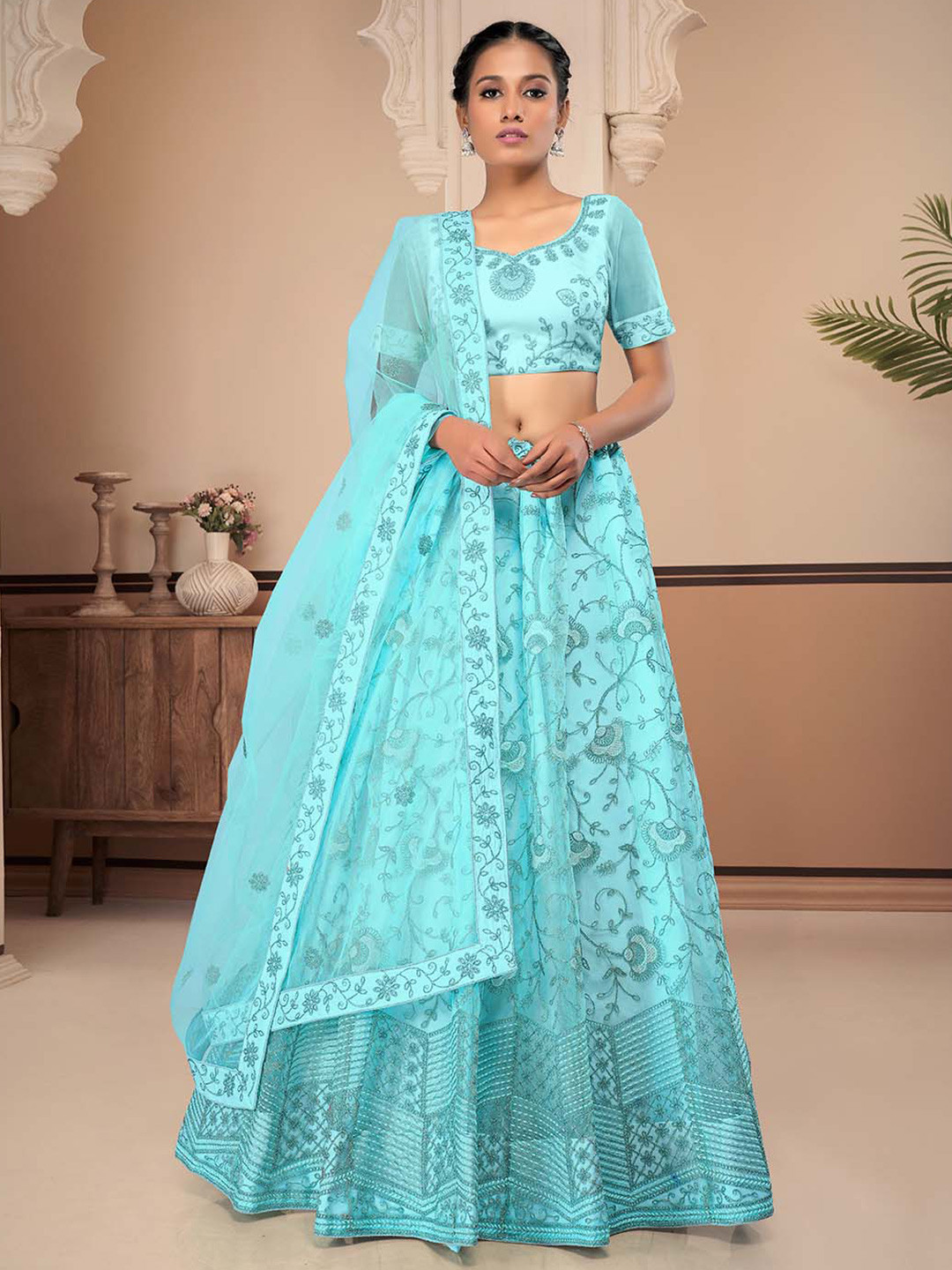 

HALFSAREE STUDIO Embroidered Semi-Stitched Net Lehenga Choli With Dupatta, Sea green