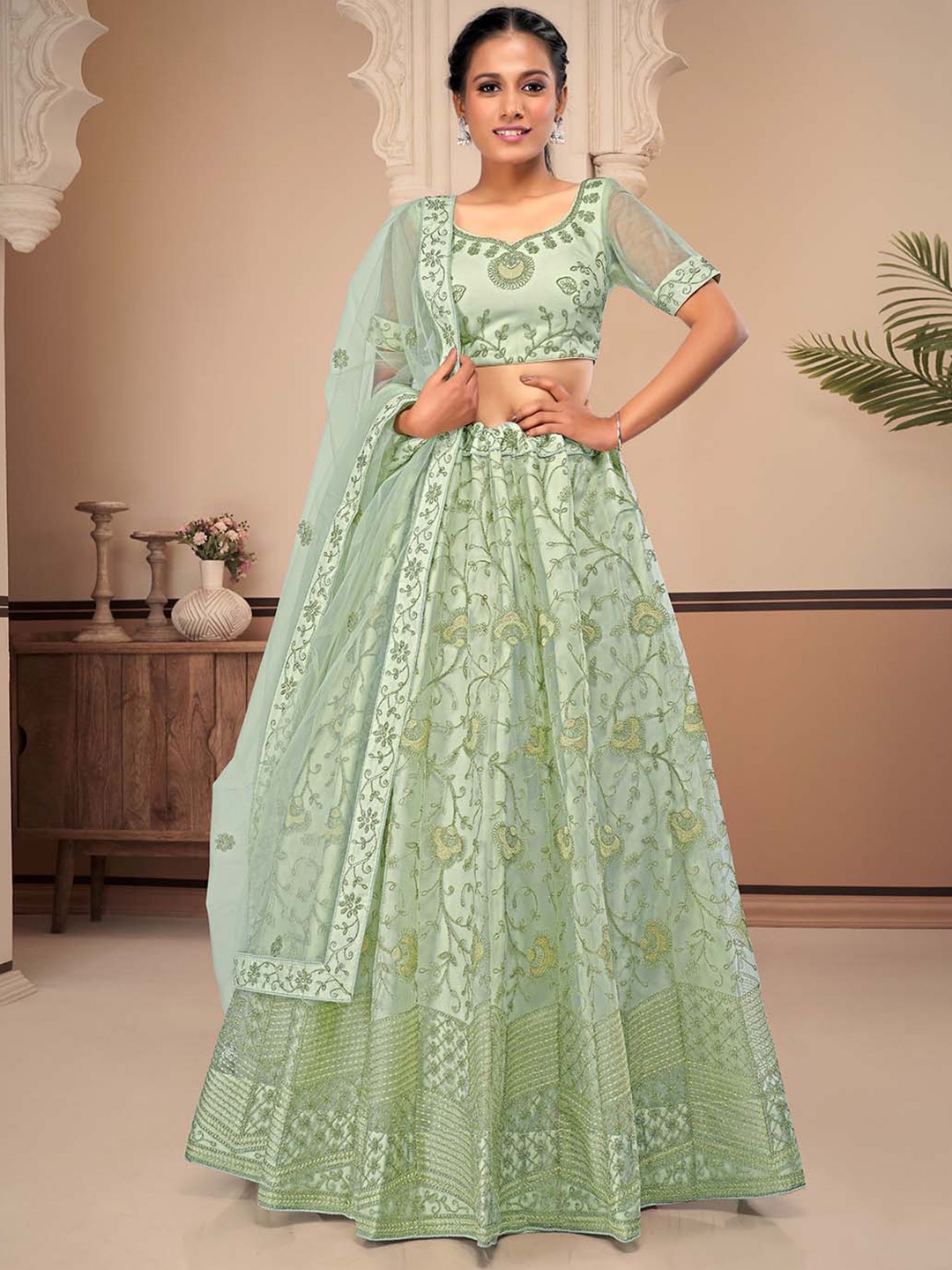 

HALFSAREE STUDIO Embroidered Net Semi-Stitched Lehenga Choli With Dupatta, Green