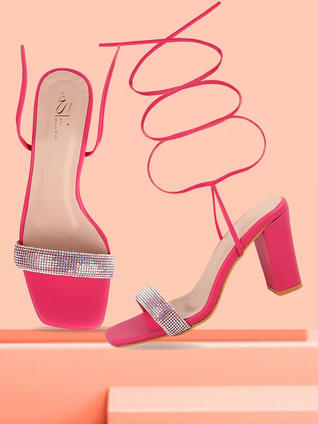 

THE WHITE POLE Embellished Block Heel Gladiators, Pink