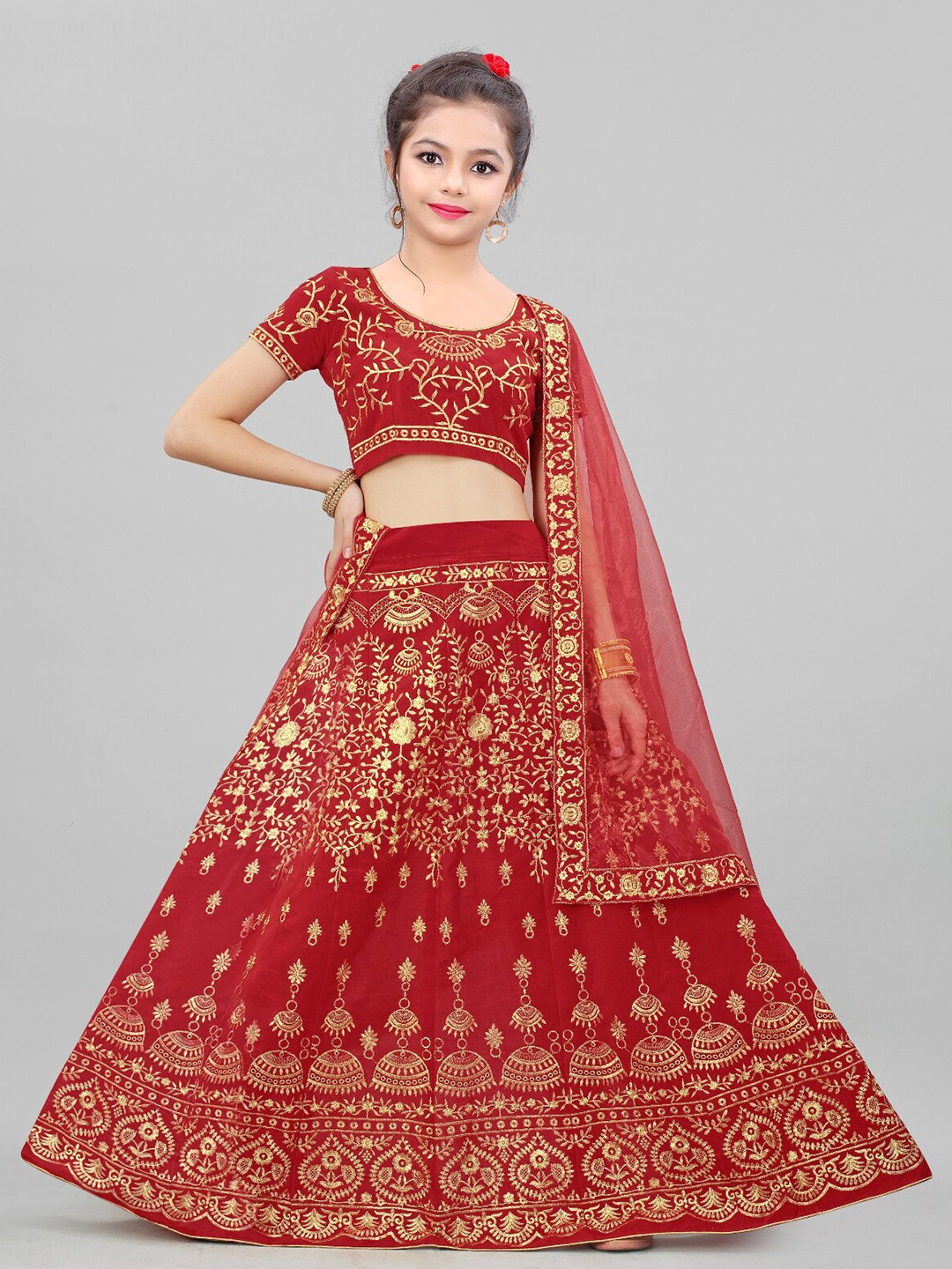 

BAESD Girls Embroidered Silk Semi-Stitched Lehenga & Unstitched Blouse With Dupatta, Red