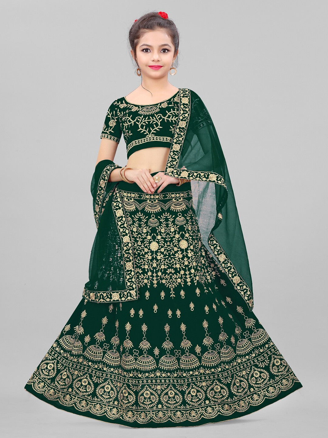 

BAESD Girls Embroidered Semi-Stitched Lehenga & Unstitched Blouse With Dupatta, Green