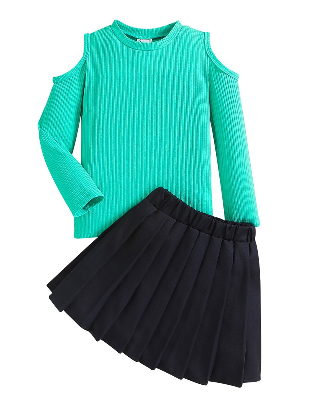 

StyleCast Girls Green Self Design Cold Shoulder Top with Skirt