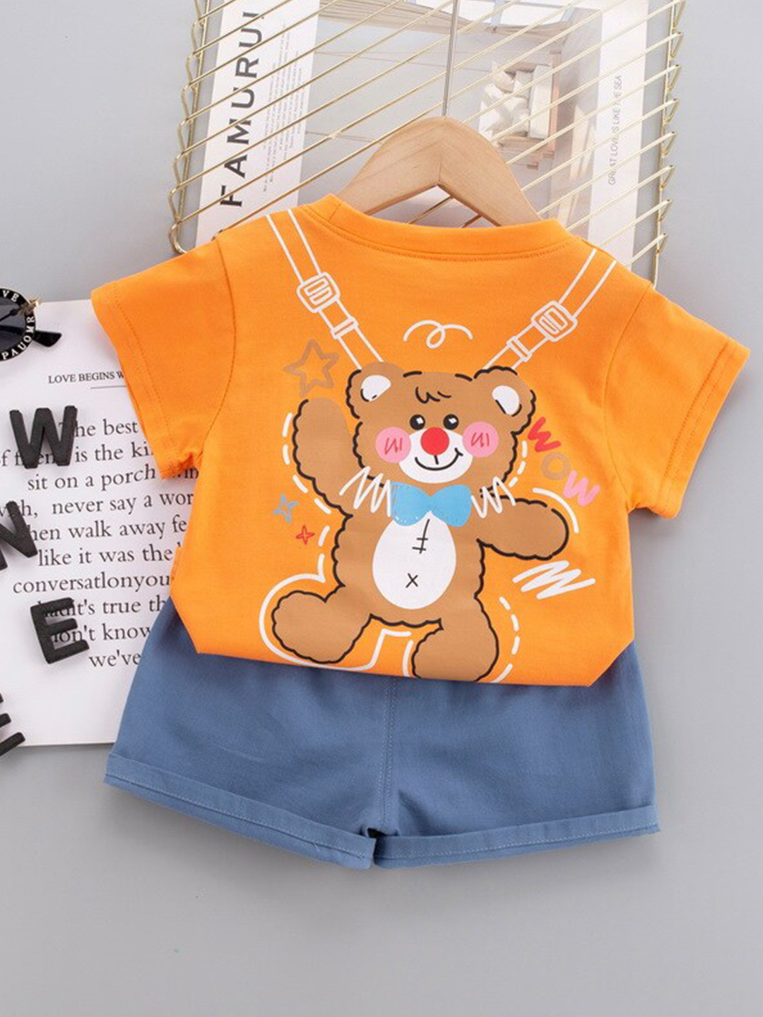 

StyleCast Boys Orange Teddy Bear Printed Pure Cotton T-shirt With Shorts