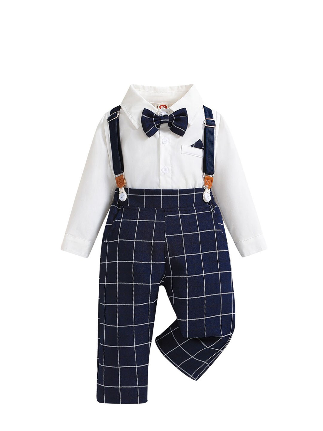 

StyleCast Boys Navy Blue & White Checked Shirt With Trousers & Suspenders