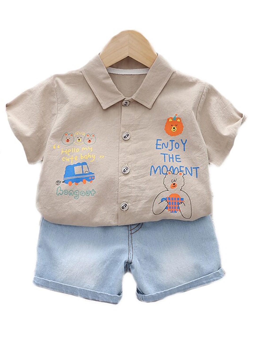 

StyleCast Kids Beige Printed Pure Cotton Shirt with Shorts