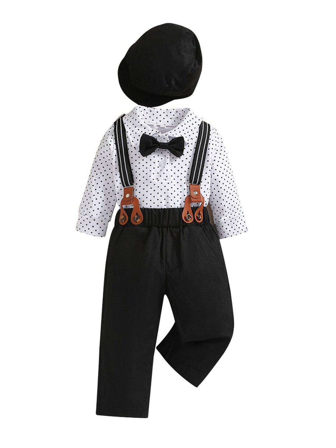 

StyleCast Boys Black Polka Dots Printed Shirt With Trouser & Suspenders & Cap