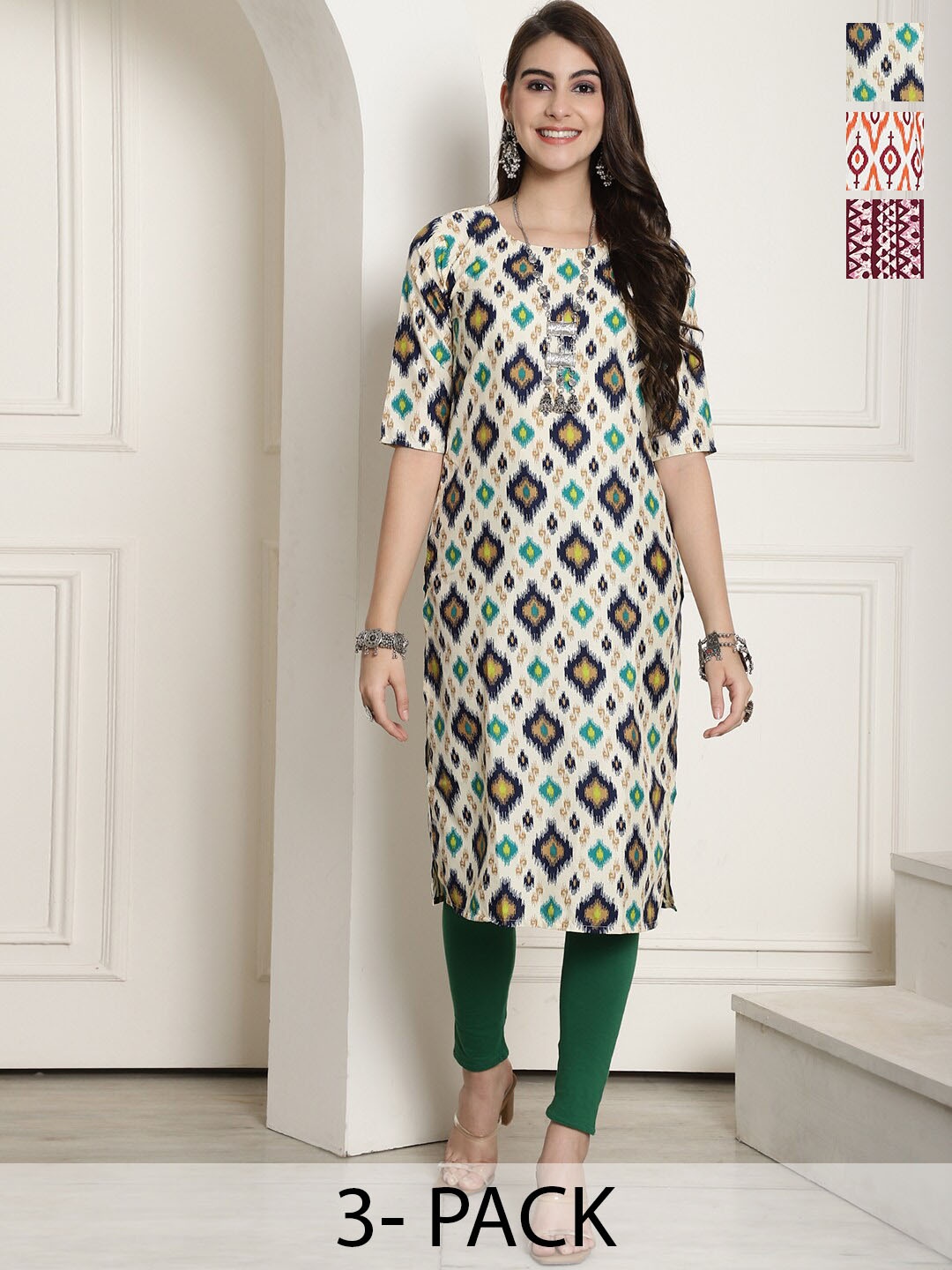 

7Threads Pack of 3 Ethnic Motifs Printed Summer Sheers Crepe Kurta, Multi
