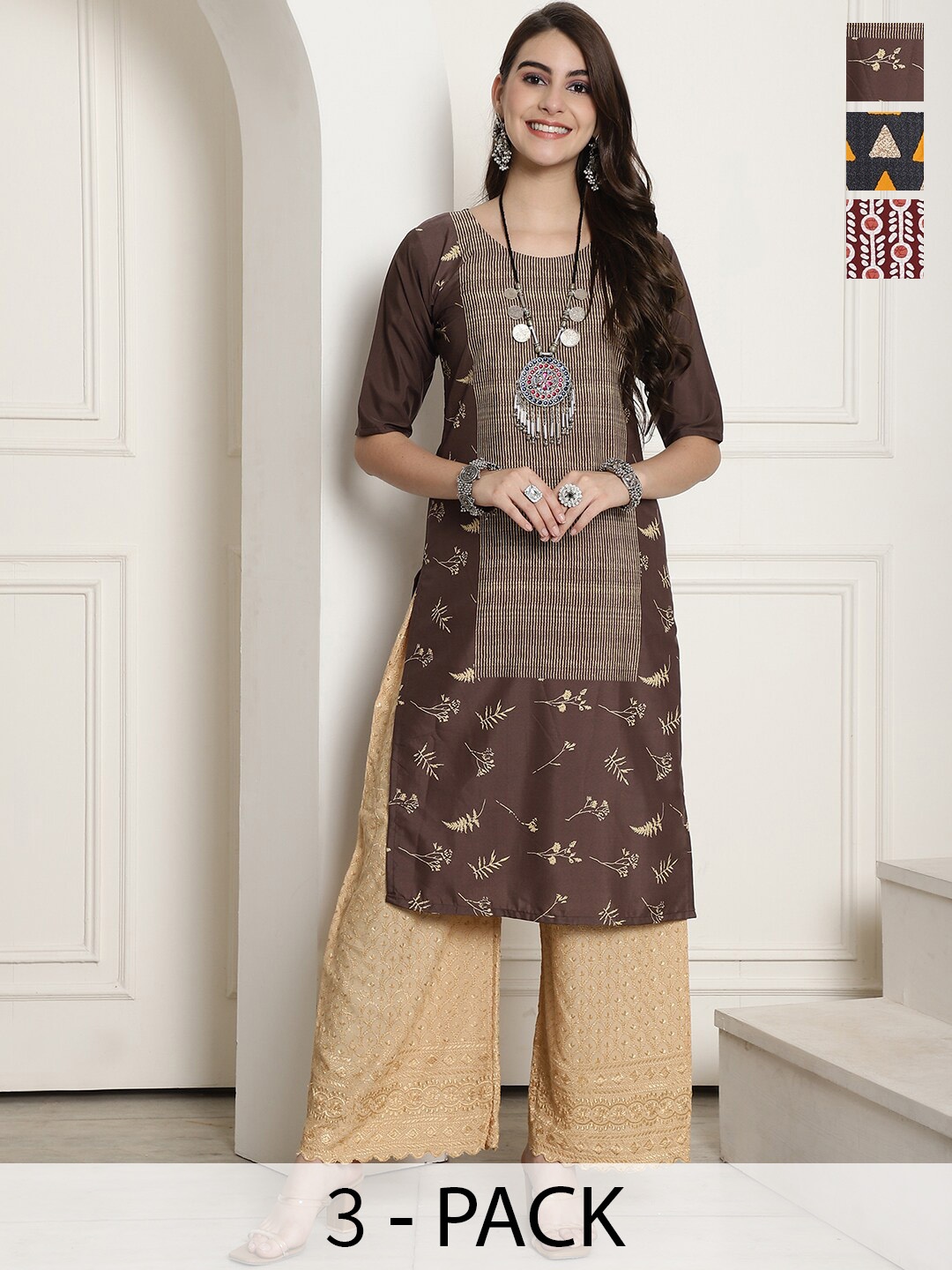 

7Threads Selection Of 3 Ethnic Motifs Printed Kurta, Brown