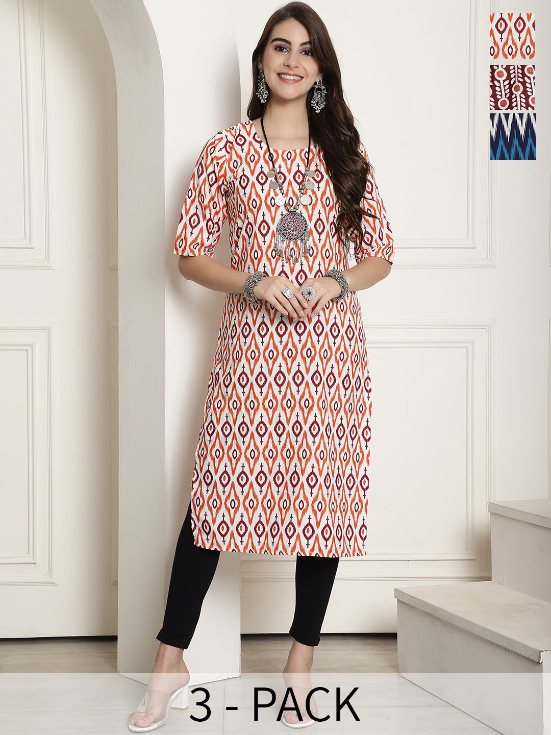 

7Threads Selection Of 3 Ethnic Motifs Printed Straight Kurta, White