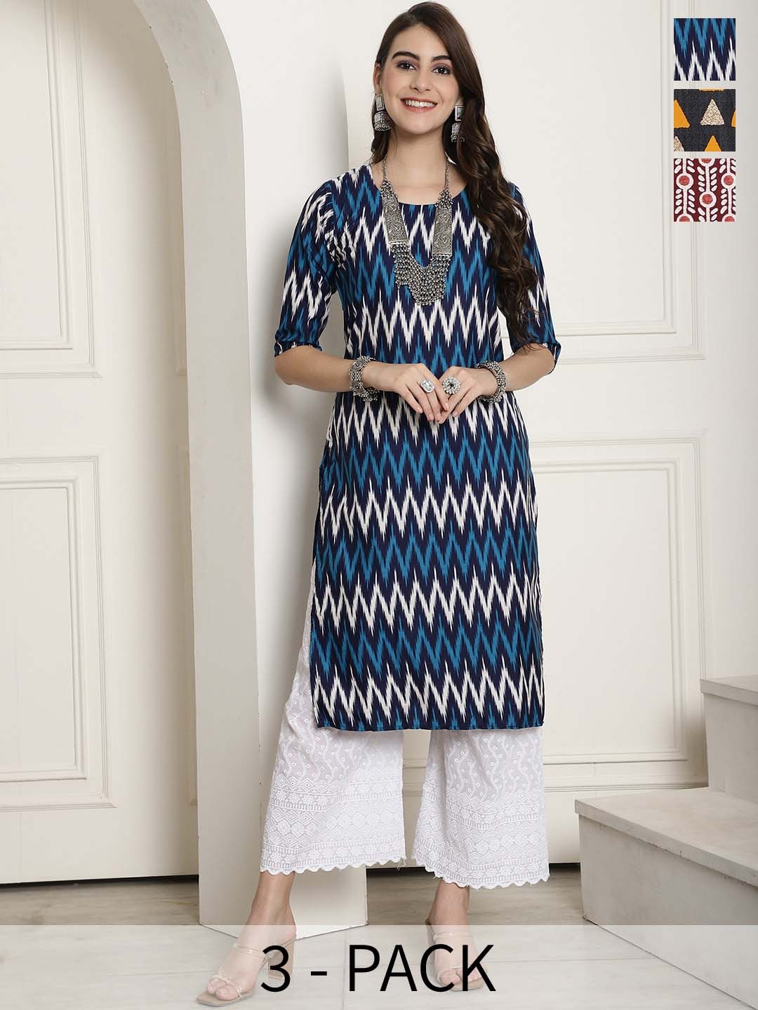 

7Threads Selection Of 3 Ethnic Motifs Printed Straight Crepe Kurtas, Navy blue