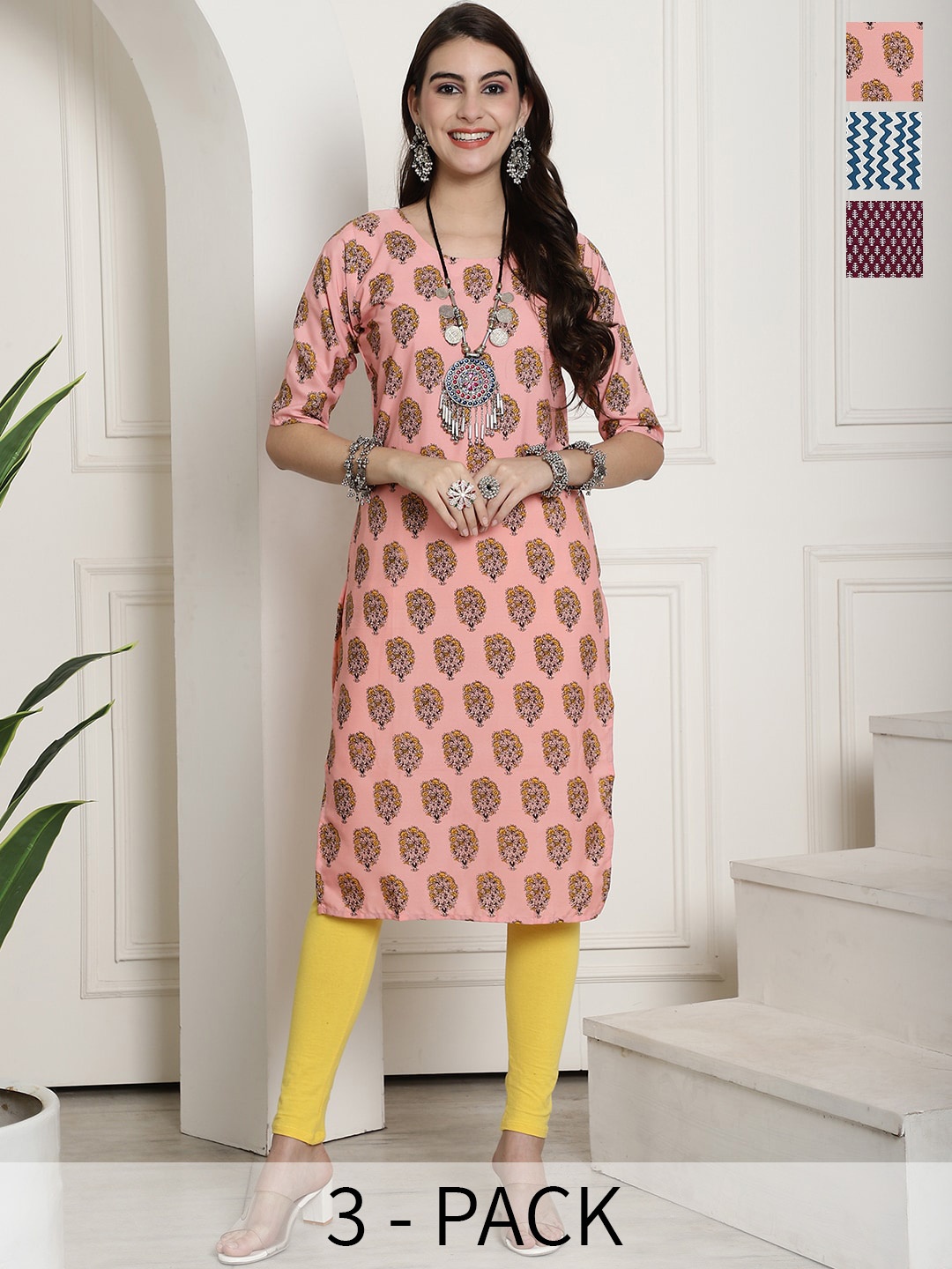 

7Threads Selection Of 3 Printed Round Neck Crepe Straight Kurtas, Peach