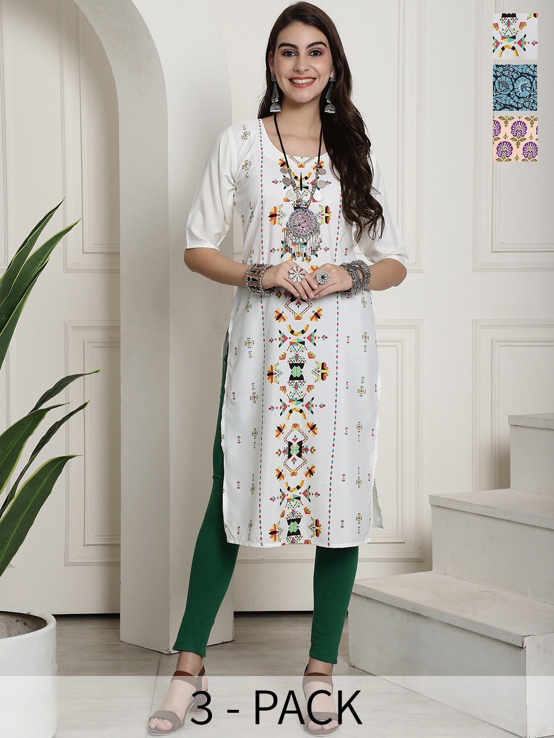

7Threads Selection Of 3 Ethnic Motifs Printed Straight Crepe Kurtas, White