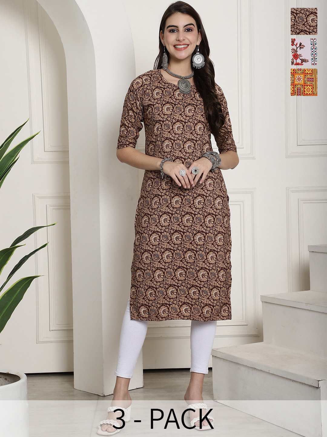 

7Threads Pack of 3 Ethnic Motifs Printed Summer Sheers Crepe Kurta, Multi