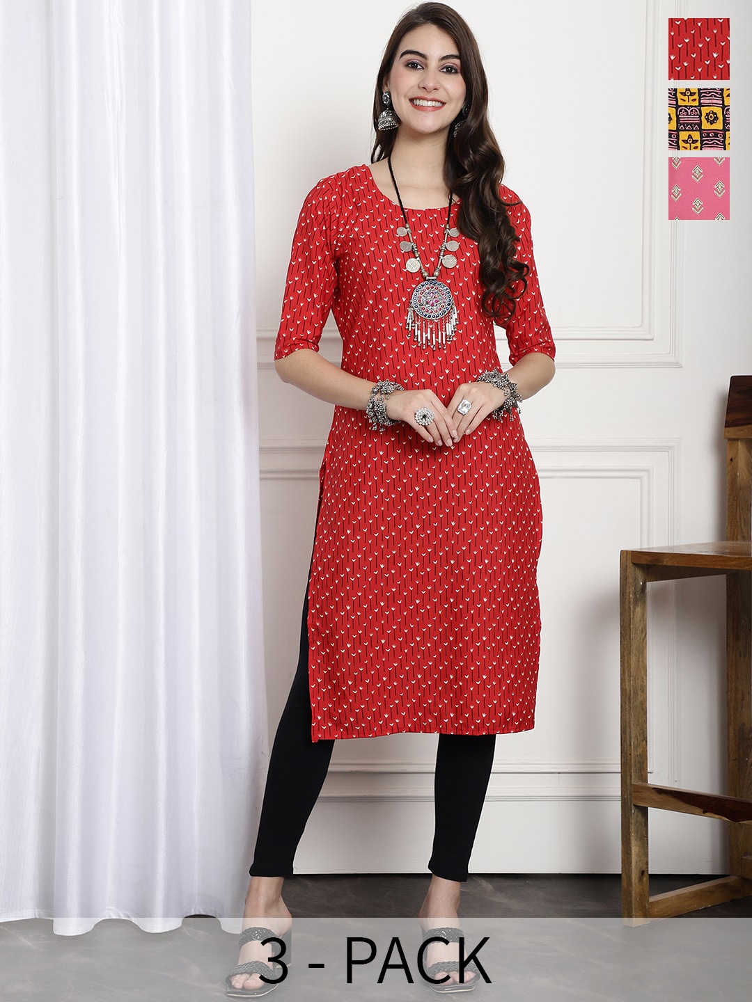 

7Threads Selection of 3 Ethnic Motifs Printed Regular Kurtas, Red