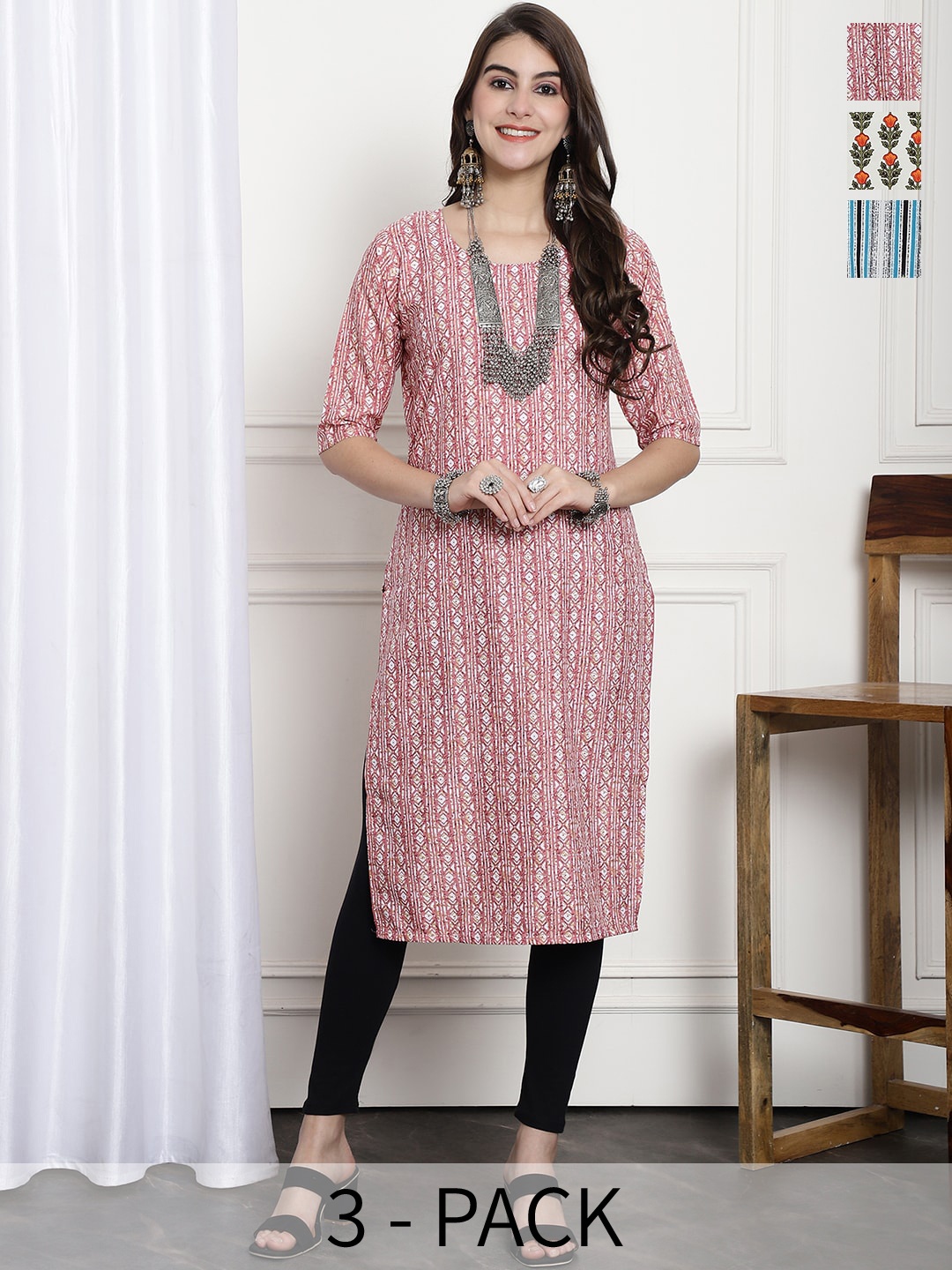

7Threads Selection Of 3 Ethnic Motifs Printed Straight Crepe Kurtas, Pink