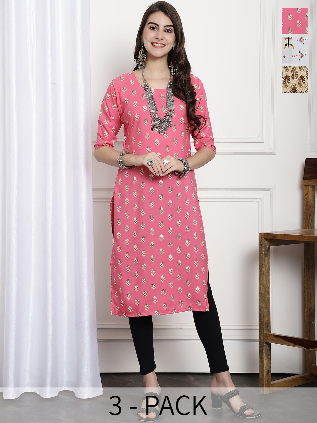 

7Threads Selection Of 3 Ethnic Motifs Printed Straight Crepe Kurtas, Pink