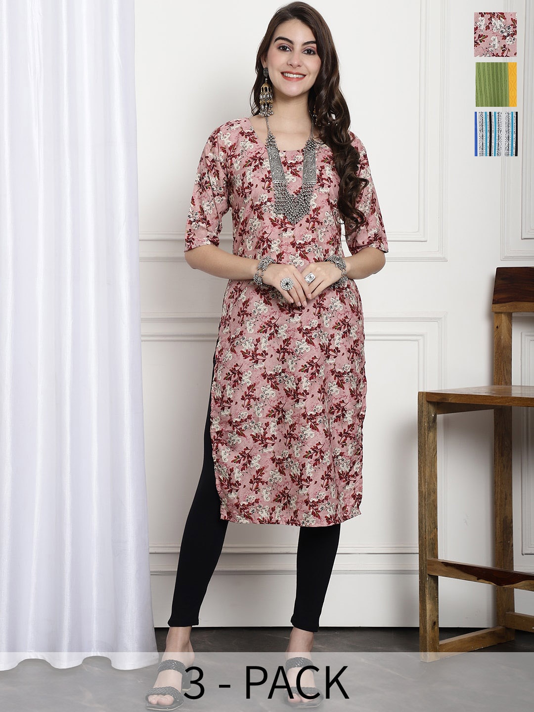 

7Threads Selection Of 3 Printed Round Neck Crepe Straight Kurta, Pink