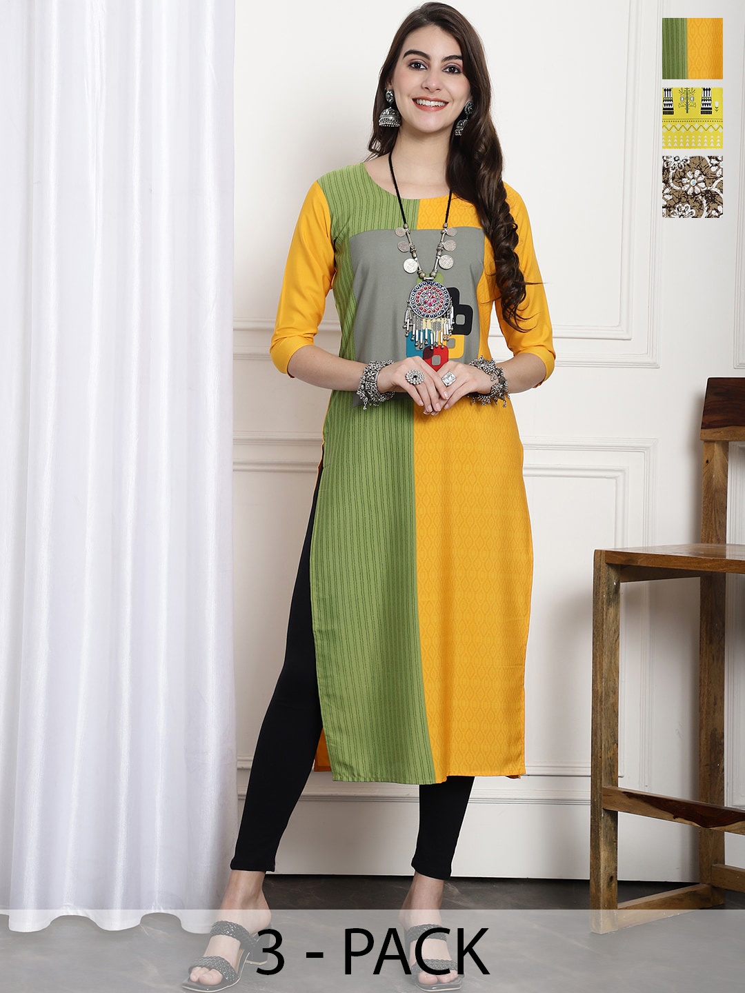

7Threads Selection Of 3 Ethnic Motifs Printed Straight Crepe Kurtas, Yellow