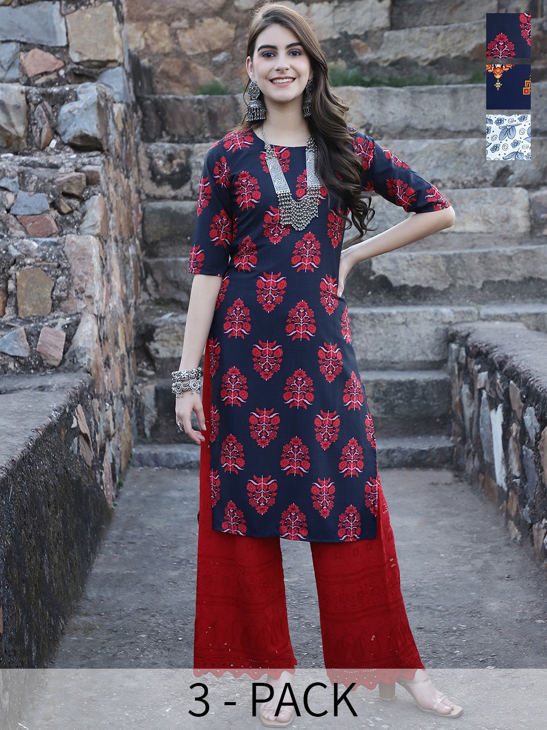 

7Threads Selection Of 3 Ethnic Motifs Printed Straight Kurta, Navy blue