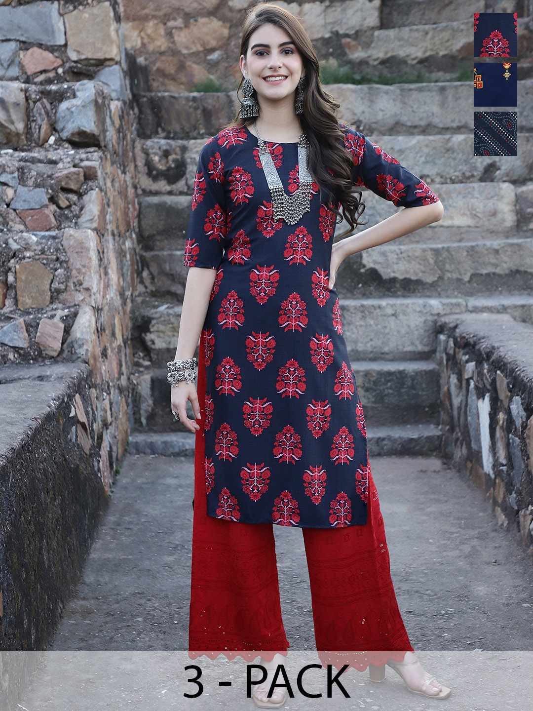 

7Threads Selection Of 3 Ethnic Motifs Printed Straight Kurta, Navy blue