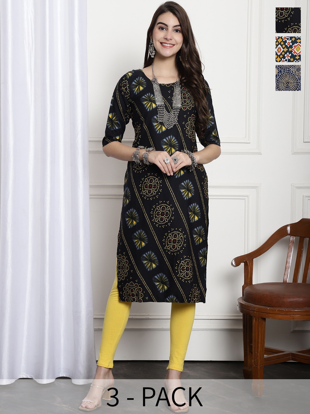 

7Threads Selection Of 3 Printed Round Neck Crepe Straight Kurta, Black