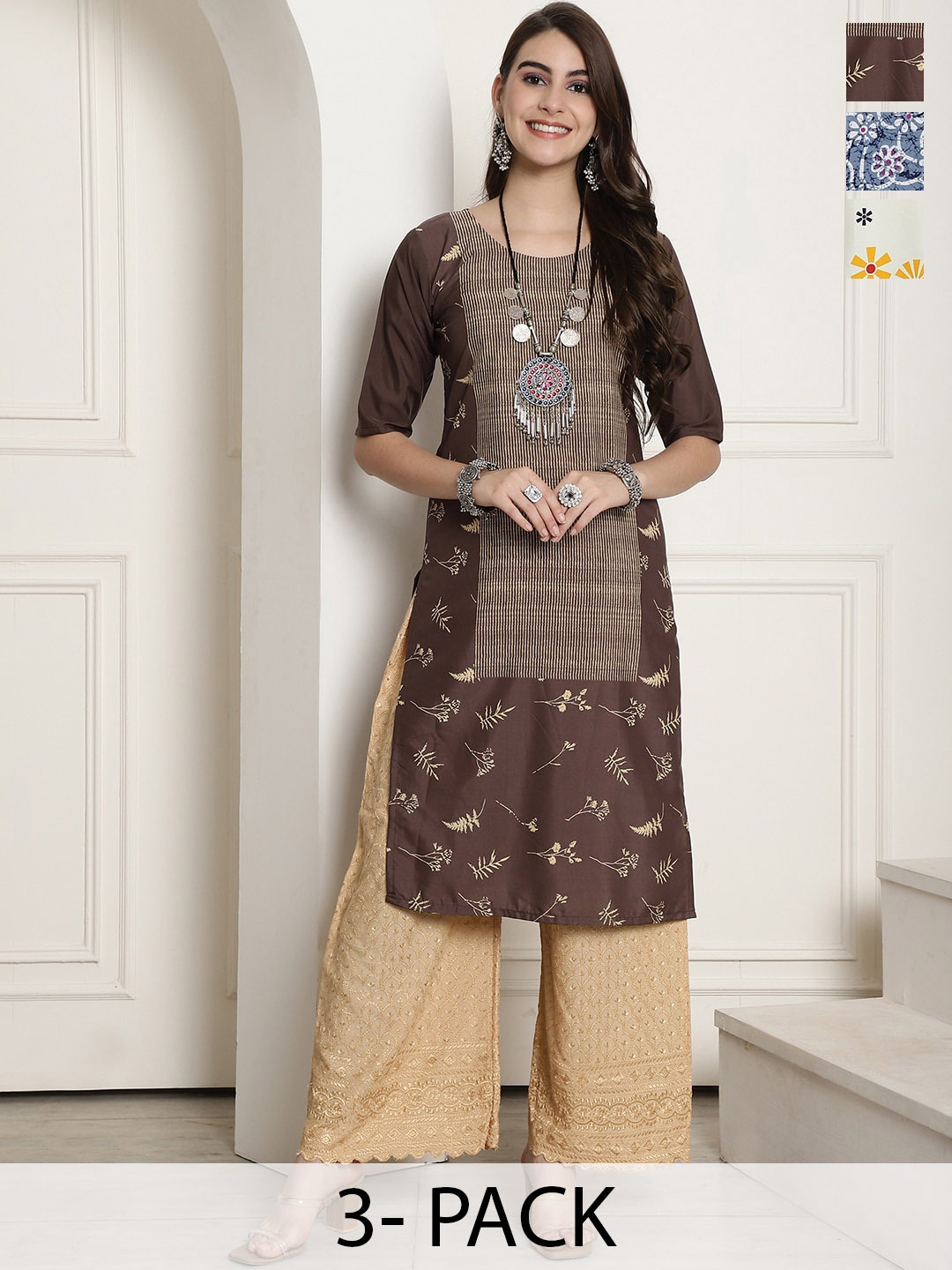 

7Threads Selection Of 3 Printed Round Neck Crepe Straight Kurta, Brown