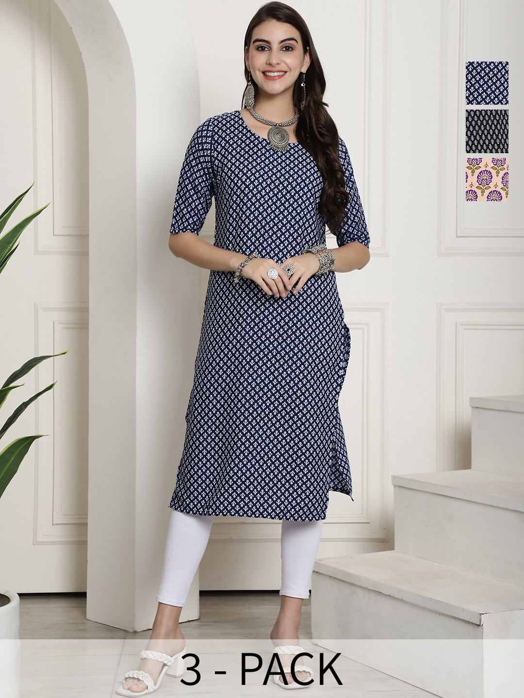 

7Threads Selection Of 3 Ethnic Motifs Printed Straight Kurta, Navy blue